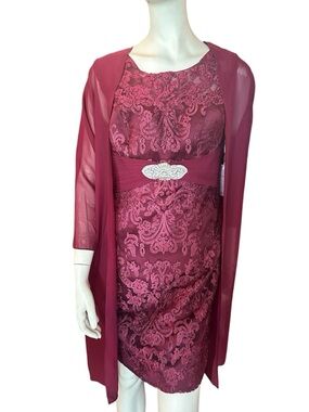 Wedding Dress Lace Overlay Sheath Dress w/Chiffon Duster Burgundy Size 10 NWT
